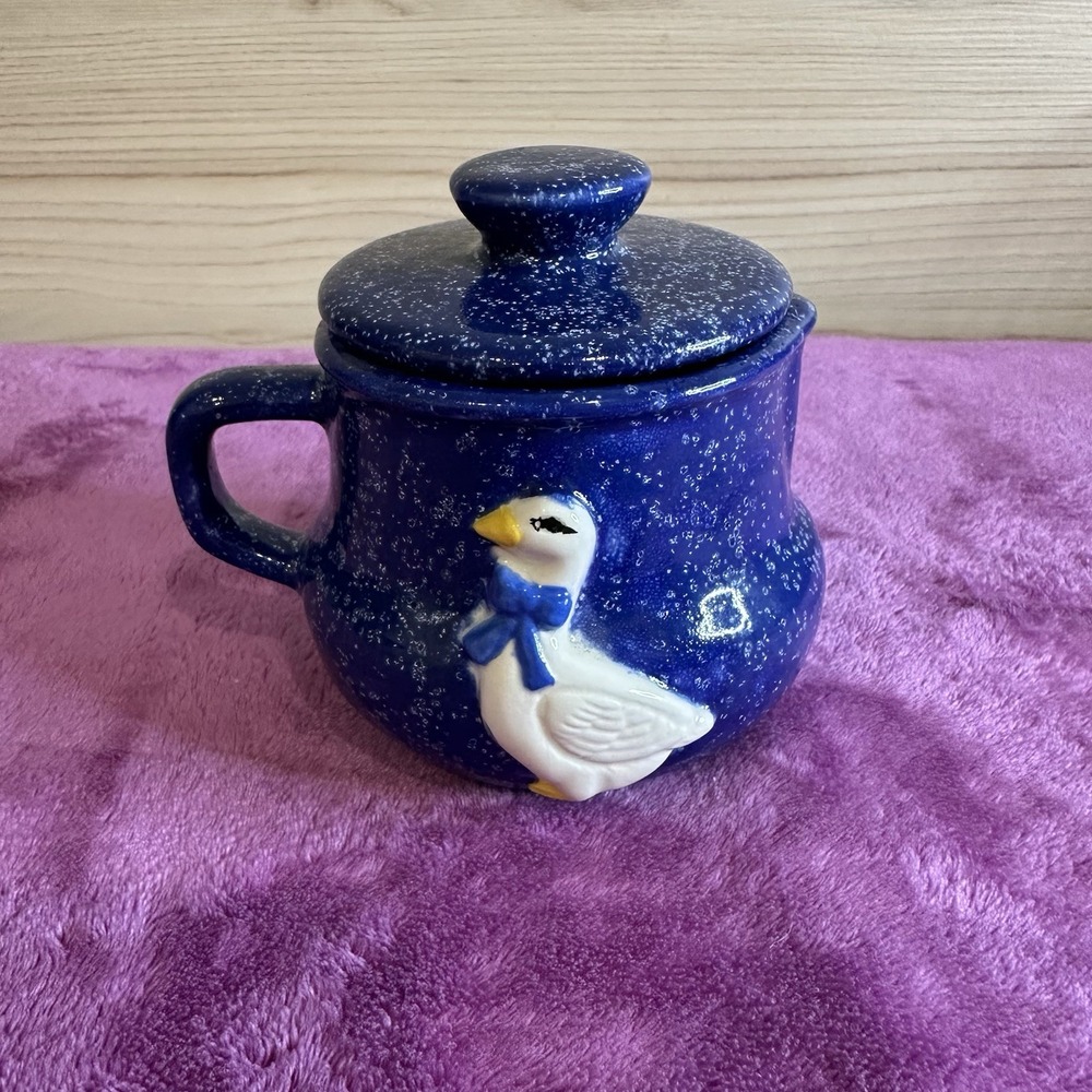 Vtg Otagiri Handcrafted Japan Blue Speckled Country Duck Cup w Lid